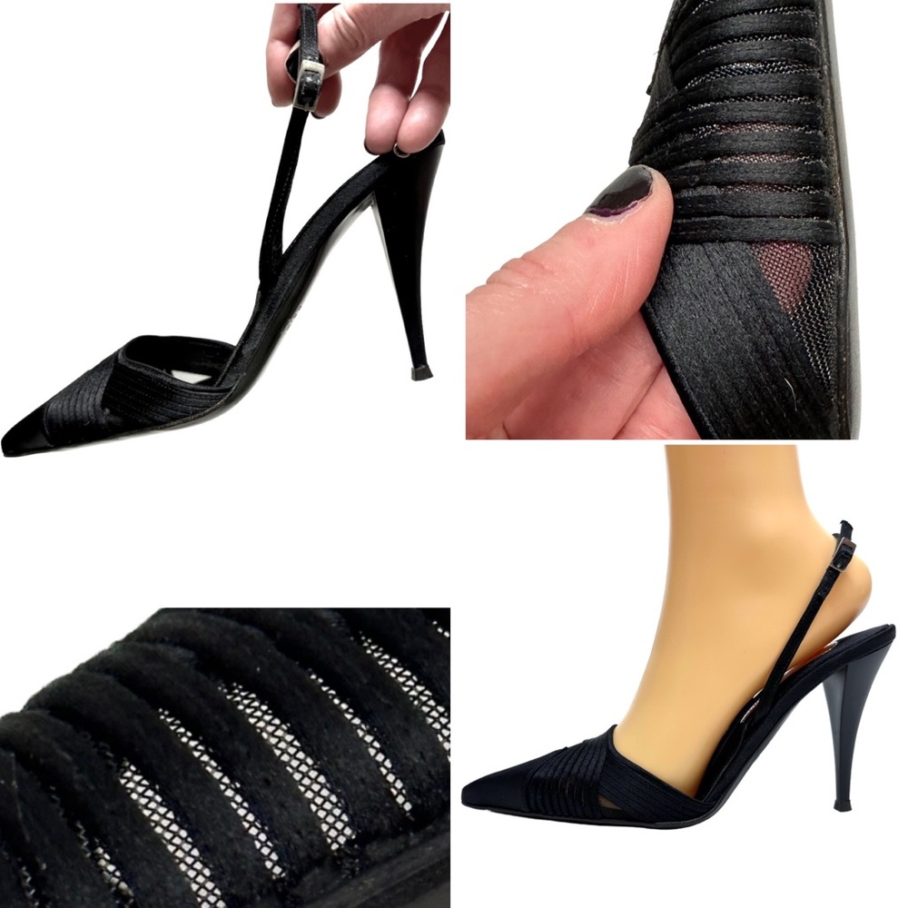 GIUSEPPE ZANOTTI Pointed Toe Slingback Satin & Mesh Pumps Heels 6.5 Italy